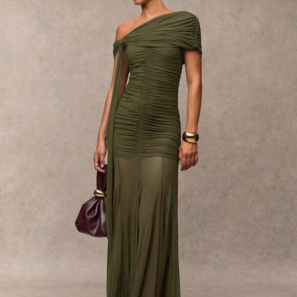 Army Green Elegant Women's Ruched Asymmetric Dress - Picture 7 of 8